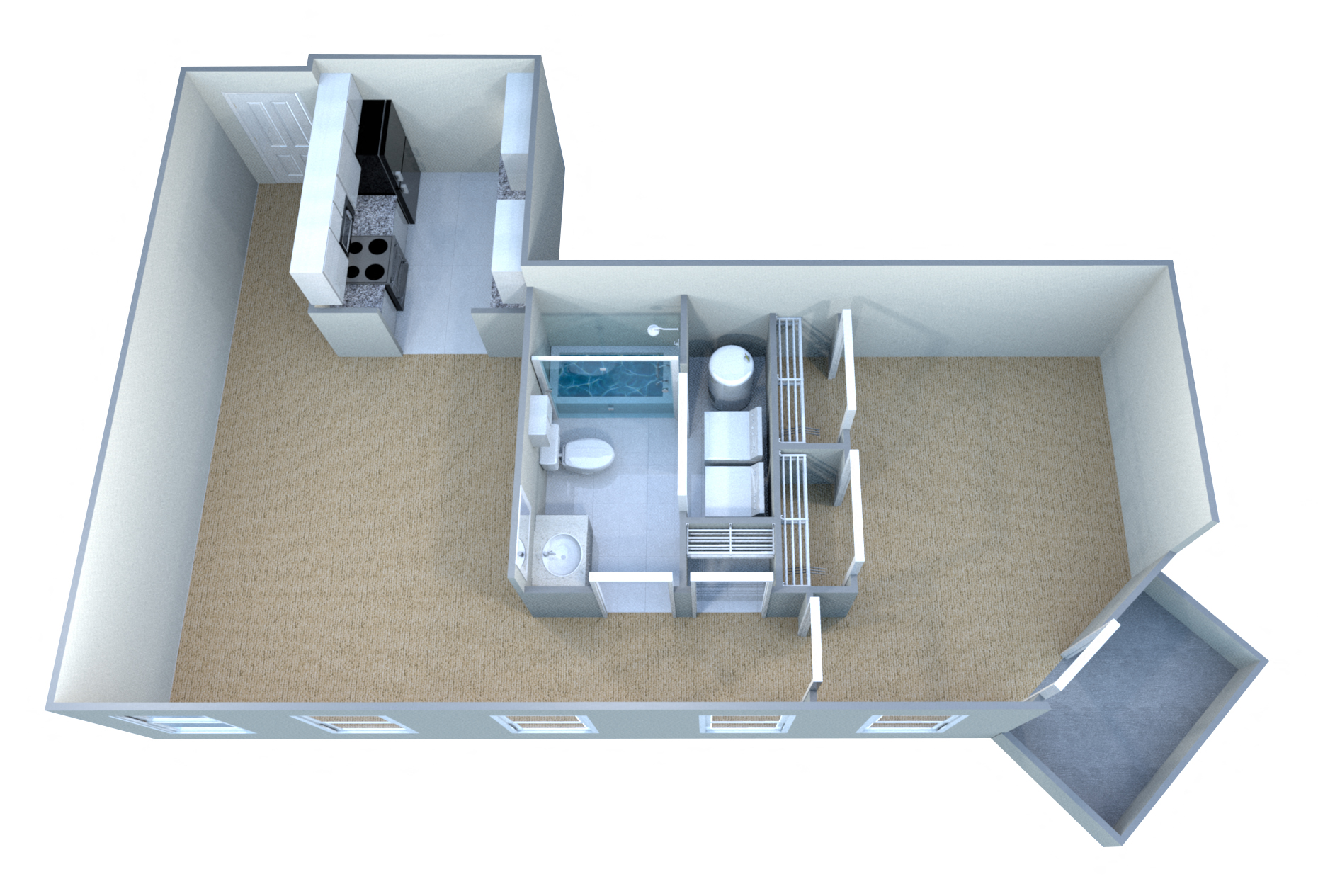 Floor plan for 1 bed, 1 bath, 611 sqft